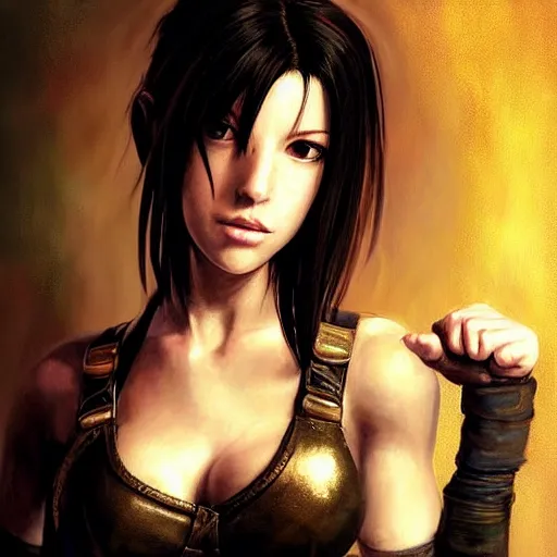 Prompt: Tifa Lockhart portrait, atmospheric lighting, painted, golden ratio, golden hour, intricate, highly detailed by Rembrandt