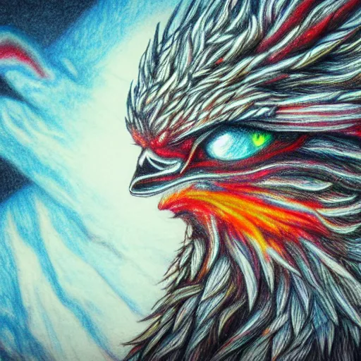 Image similar to A wide shot of griffin in the sky, colorful eyes, glowing eyes, fire, frost, angry, demonic, detailed pencil drawing, fine lines, rustic,