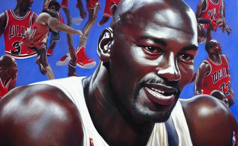 Image similar to beautiful portrait of Michael Jordan at a basketball stadium, NBA Finals, oil painting of Michael Jordan, masterpiece, highly detailed and ultra realistic, trending on artstation; portrait of Michael Jordan