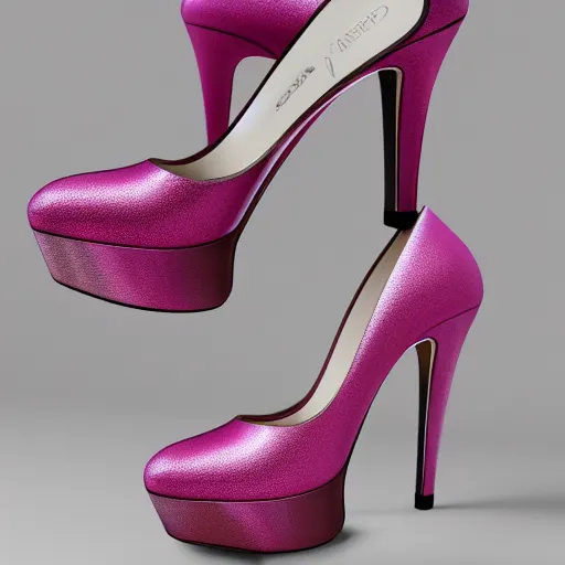 Prompt: pink leather 1 5 cm high heel shoes with 7 cm platform with ribbon to the ankle stripe designed by jimmy choo, photorealistic, beautiful, architecture, clean, highly detailed, 8 k, ornate detail