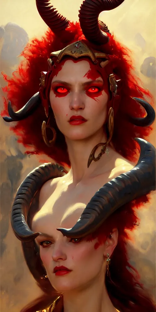 Image similar to painted close - up portrait of a attractive red - skinned intimidating demon cyborg girl with ram horns! oil painting, wearing a noblewoman's outfit, fantasy art by john singer sargent and gaston bussiere and james jean and greg rutkowski, demon noble character design, hd