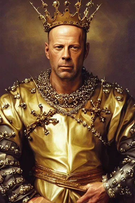 Prompt: Gorgeous full-body renaissance portrait of Bruce Willis as a king of fantasy kingdom with Crown of thorns on his head, front view, gold, artstation, very beautiful, luxurious, impressive, soft light, by Anthony van Dyck and Daniel Gerhartz