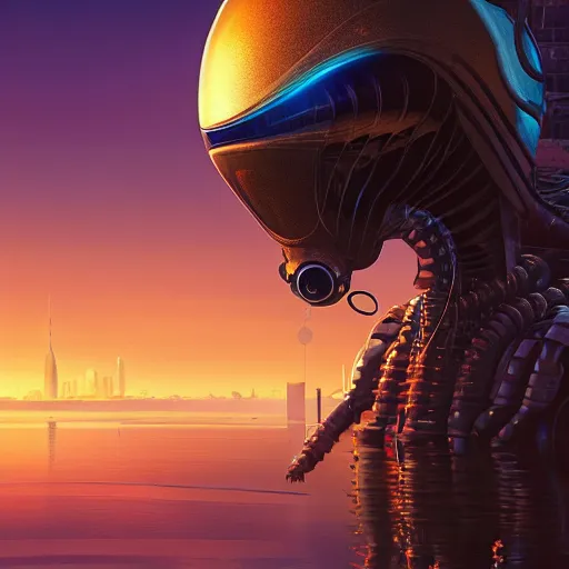 Image similar to aquatic alien in mechanical exoskeleton designed by jony ive in cybercity, golden hour, poster by michael whelan and gilbert williams and evgeny lushpin and artgerm and alena aenami, 3 0 mm, well proportioned, highly detailed, rule of thirds, long exposure