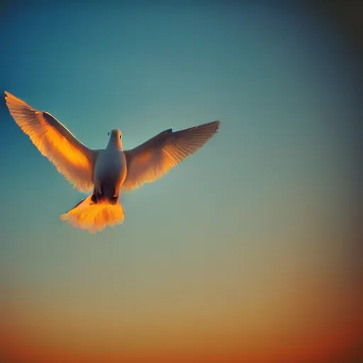 Image similar to Close-up realistic shot of a radiant white dove flying over the clouds at sunset, ethereal, vintage photograph, film grain, surreal, awe-inspiring, highly detailed, teal and orange color scheme