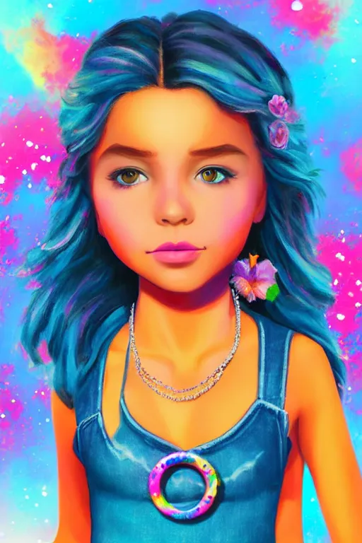 Image similar to matte sharp painting cute little girl hippy denim bellbottom bead necklace, painted by mark rydel artstation behance storybook lisa frank