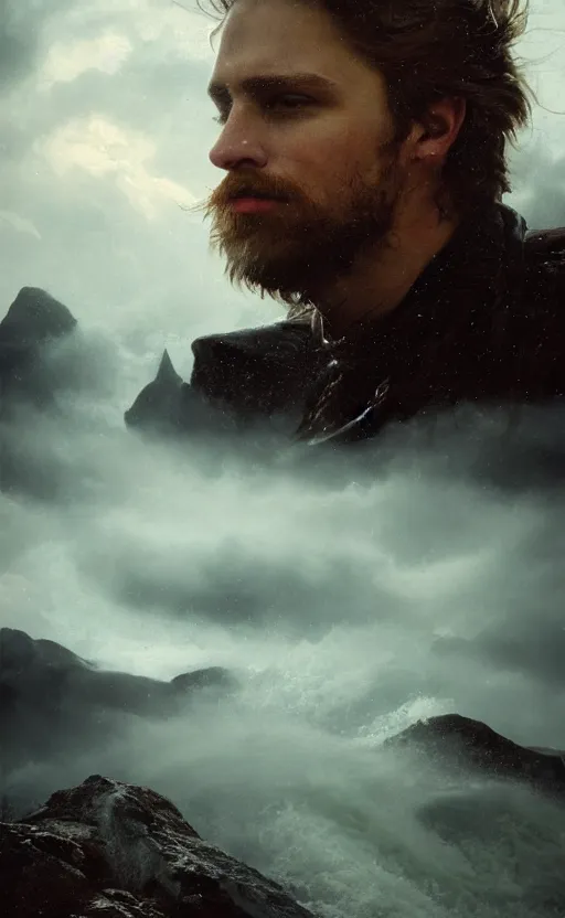 Image similar to knight, norway fjord, extreme close up portrait, hudson river school, max rive, armor made of water, studio lighting, stormy seas, beautiful, bokeh, snowy, storm clouds, god rays, extreme close up portrait, d & d, fantasy, elegant, low key color palette, concept art, roger deakins and greg rutkowski and alphonse mucha