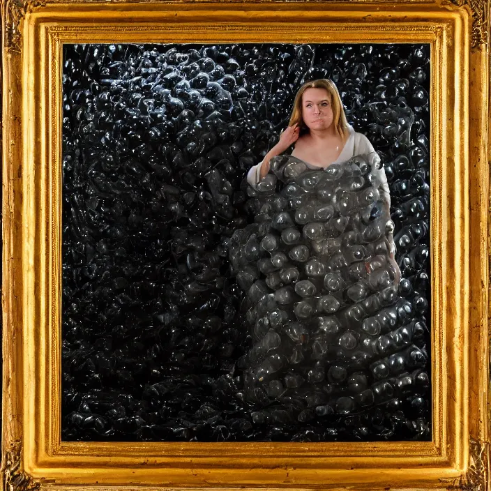 Image similar to a closeup portrait of a woman wrapped in bubble wrap, standing in front of a vast black forest, color photograph, by vincent desiderio, canon eos c 3 0 0, ƒ 1. 8, 3 5 mm, 8 k, medium - format print