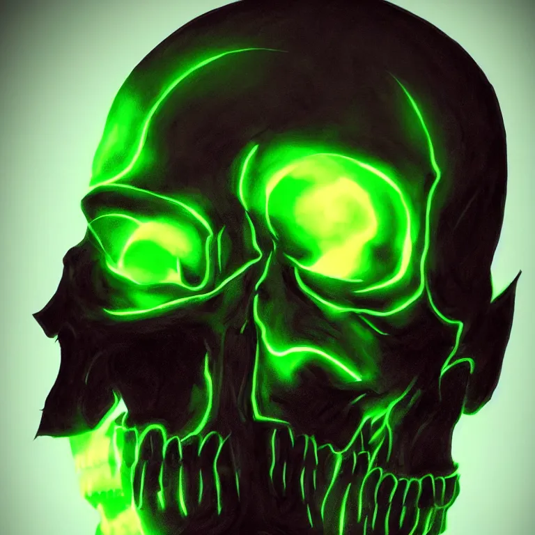 Image similar to photorealistic dark fantasy concept art of a glowing human skull with a green neon outline and a Pentagram on it's forehead, dynamic lighting, stunning visuals, realism, cinematic, hyper detailed, ultra detailed, beautiful visuals