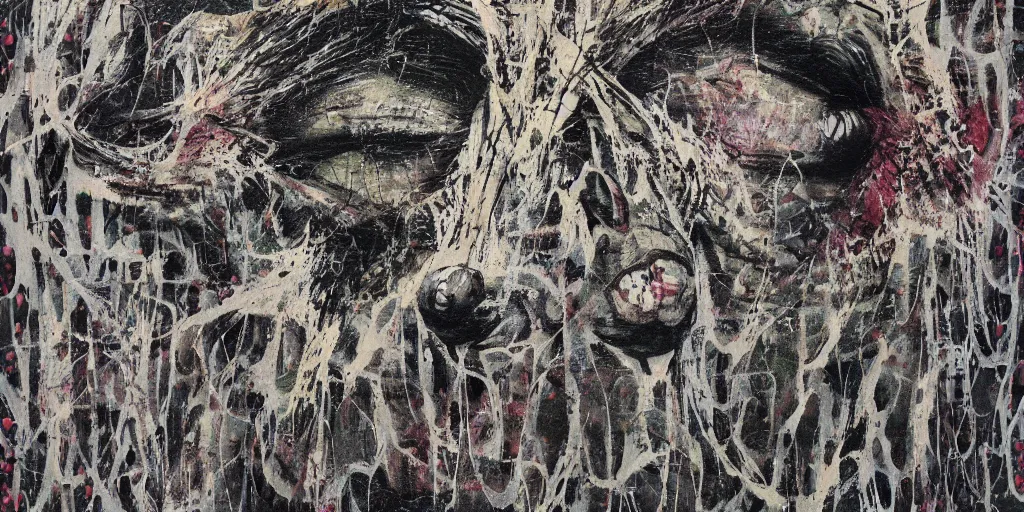 Image similar to camo made of teeth, smiling, abstract, francis bacon artwork, cryptic, dots, stipple, lines, splotch, color tearing, pitch bending, faceless people, dark, ominious, eerie, minimal, points, technical, old painting