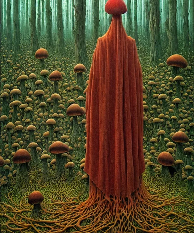 Image similar to A detailed funguswoman stands among the mushroom forest. Wearing a ripped mantle, robe. Perfect faces, extremely high details, realistic, fantasy art, solo, masterpiece, art by Zdzisław Beksiński, Ivan Bilibin, Dariusz Zawadzki