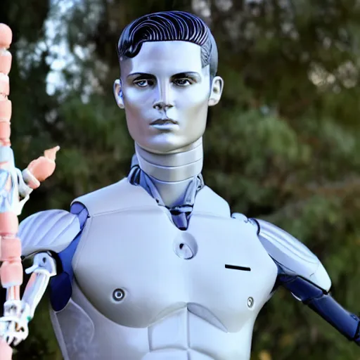 Image similar to a realistic detailed photo of a guy who is an attractive humanoid who is half robot and half humanoid, who is a male android, soccer player cristiano ronaldo, shiny skin, posing like a statue, blank stare, by the pool, on display, showing off his muscles, humanoid robot, frozen ice statue, made of ice