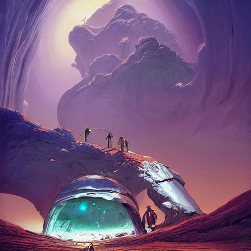 Prompt: A fresco painting of a nomadic wanderer traversing a corrupted futuristic crystal desert by Jacek Yurka, Kelly Freas, Filip Hodas, Paul Lehr