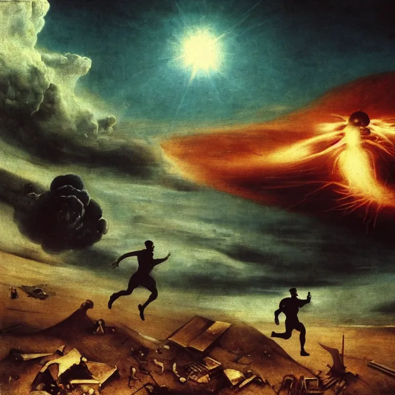 Image similar to man running away from atomic bomb explosion, selfie gopro footage by hieronymus bosch, action footage, disposable camera, fisheye, landscape portrait surreal painting, perfect composition, beautiful detailed intricate octane render, artstation, 8 k, photorealistic, volumetric cinematic light, chiaroscuro, masterpiece, raphael, bosch, caravaggio, beksinski, giger