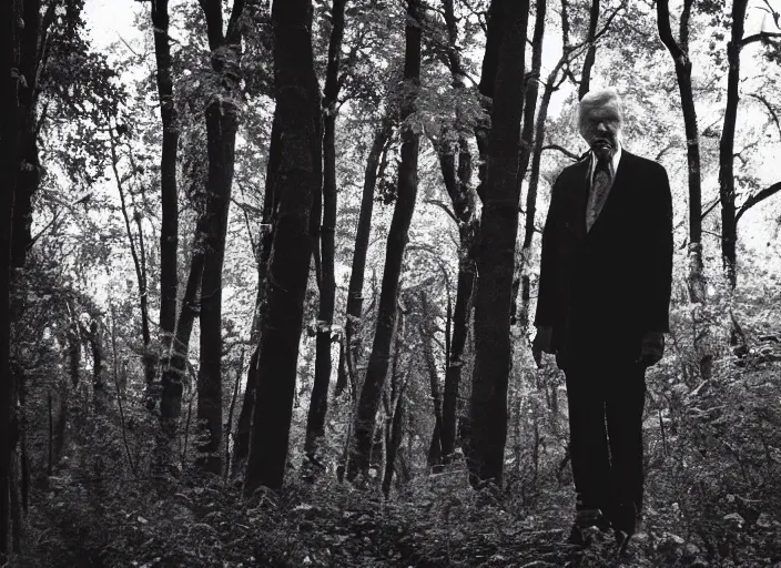 Prompt: sinister black and white old photography of a tall man in the woods