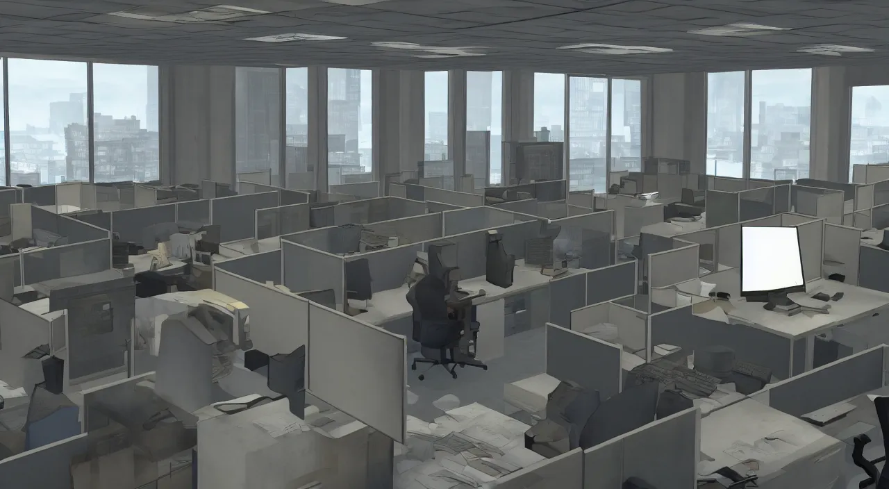 Image similar to A man in the office at 3AM with multiple cubicles and a window that provides a view of the city, Source Engine, Gmod, Half Life 2