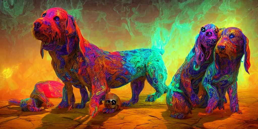 Prompt: the photo of pregnant three-headed dog and priest, bright color, dripping salvia, horror, 3D, high details, by vincent di fate, artgerm julie bell beeple, 90s, octane render, 8K, volumetric lighting, high contract, duo tone, depth of field, very coherent symmetrical artwork