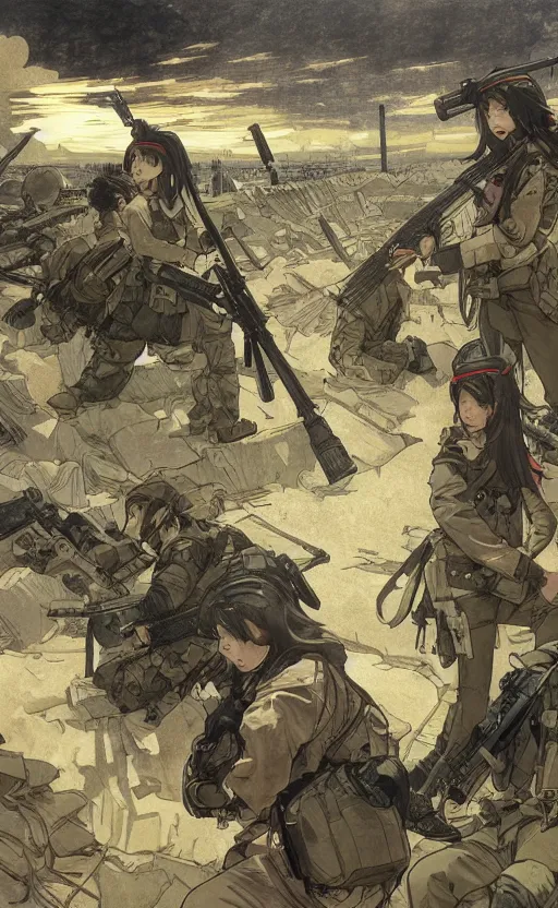 Image similar to manga, modern warfare, panoramic view of a girl under artillery fire, trench and sandbags in background, soldier clothing, long hair, hair down, symmetrical facial feature, from arknights, wallpaper, trending pixiv, safebooru, volumetric lighting, by alphonse mucha, greg rutkowski, sharp focus, backlit