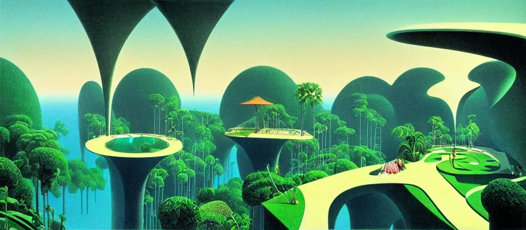 Image similar to huge gargantuan angular dimension of infinite poolrooms, buildings by escher and ricardo bofill. utopian landscape by roger dean. magical realism, surrealism, lush tropical jungle, waterfalls, clouds, mallsoft, vaporwave, trending on artstation, shot from below, epic scale