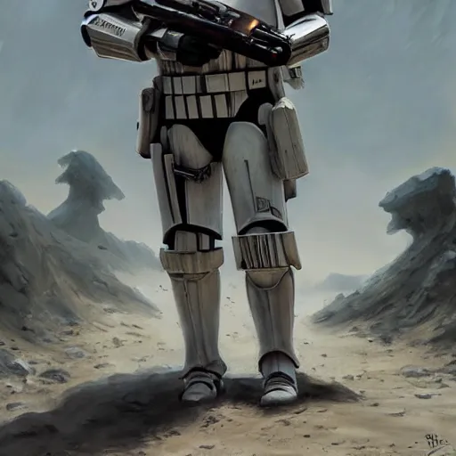 Prompt: an imperial stormtrooper walking, full body photography, extremely long shot, long shot, full-length, head-to-toe, concept art by Doug Chiang cinematic, realistic painting, high definition, concept art, the Mandalorian concept art style