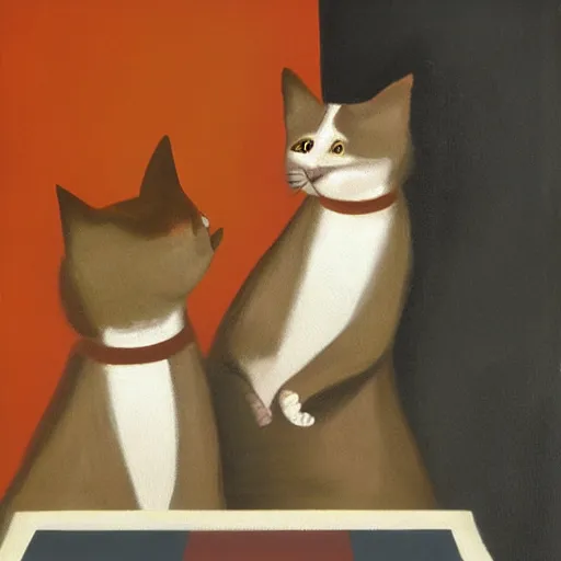 Image similar to Two cats playing ping pong on orange background, oil painting