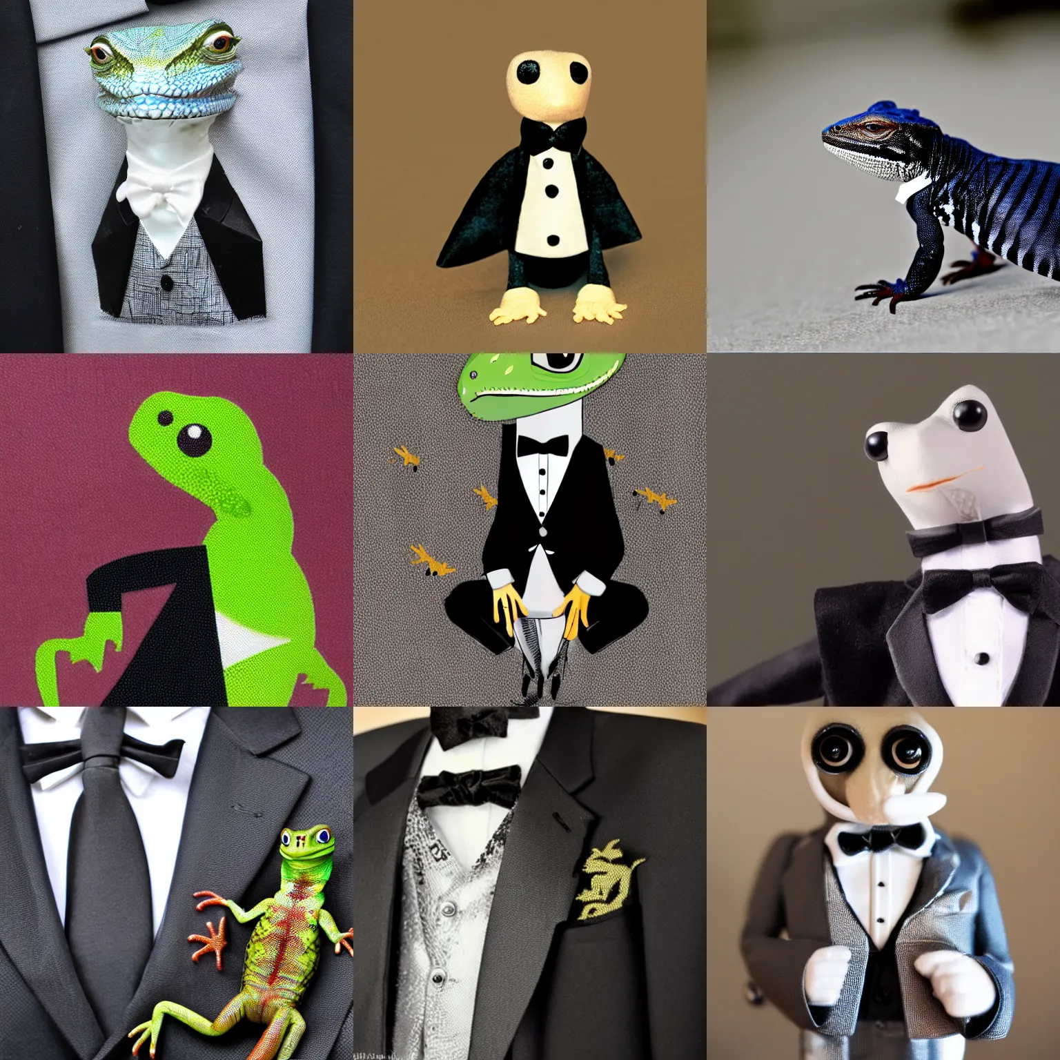 Prompt: a lizard in a tuxedo