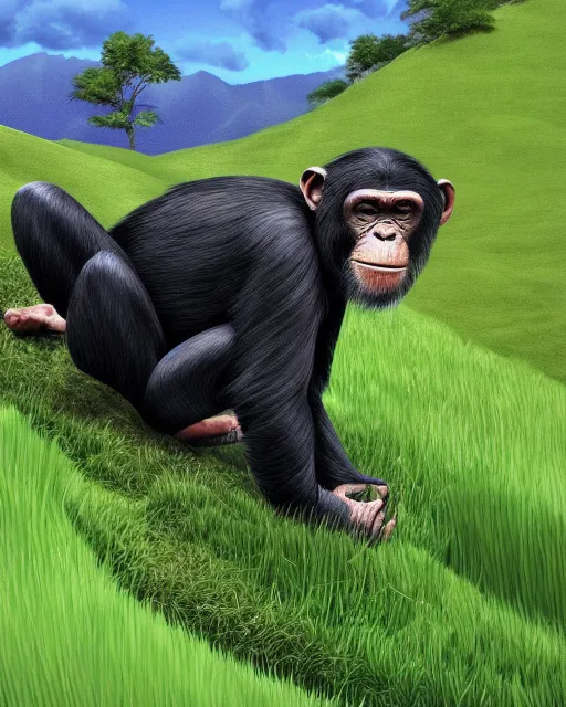 Image similar to very detailed high resolution illustration of a chimpanzee in rolling green hills, 3 d, 8 k, extremely detailed, artstation, award winning