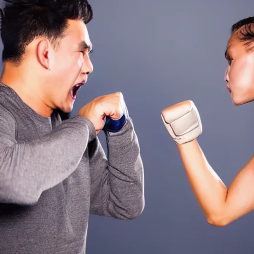 Prompt: close-up photo of a woman punching a man