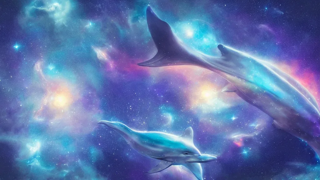 Image similar to Ethereal blue fire whale and dolphins flying through a nebula, star dust, cosmic, magical, shiny, glow,cosmos, galaxies, stars, outer space, stunning, by andreas rocha and john howe, and Martin Johnson Heade, featured on artstation, featured on behance, golden ratio, ultrawide angle, hyper detailed, photorealistic, epic composition, wide angle, f32, well composed, UE5, 8k