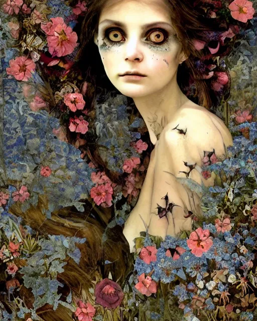 Prompt: a pretty but sinister and creepy faery in layers of fear decoupage, with haunted eyes, violence in her eyes, bleeding, 1 9 7 0 s, seventies, delicate embellishments, a little blood, woodland, blue dawn light shining on wildflowers, painterly, offset printing technique, by walter popp, alexandre cabanel
