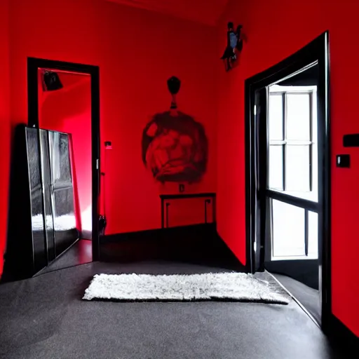 Image similar to an all black room with a glowing red door on the far side, surreal,