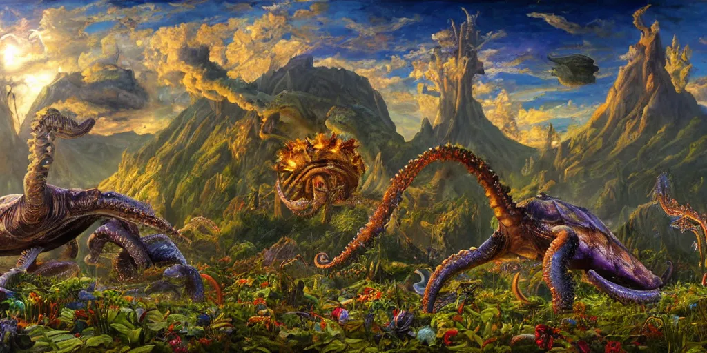 Image similar to fantasy oil painting, great leviathan, cybernetic turtle cephalopod terrapin reptilian pachyderm squid, bella hadid, hybrid, milla jovovich, anubis, epic natural light, lush plants flowers, spectacular mountains, bright clouds, luminous sky, outer worlds, golden hour, michael cheval, edward hopper, michael whelan, vray, hd