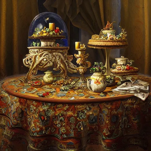 Prompt: a still life painting of a miniature tabletop cemetery under an ornate glass dome, by paulette tavormina and janet fish, on a sumptuous tablecloth, extremely detailed, dramatic lighting, smooth sharp focus, featured on artstation