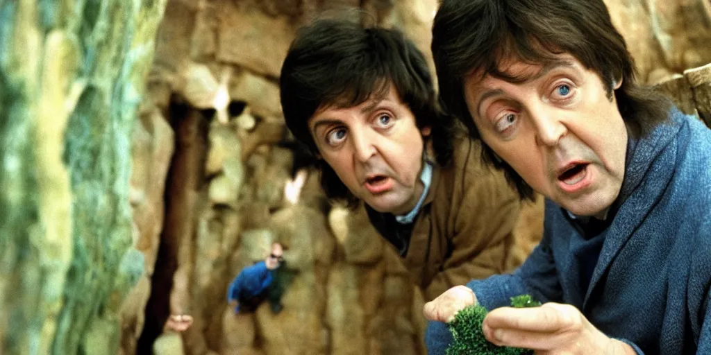 Image similar to A full color still of Paul McCartney looking down at his palm, dressed as a hobbit inside his house, directed by Stanley Kubrick, 35mm, 1970