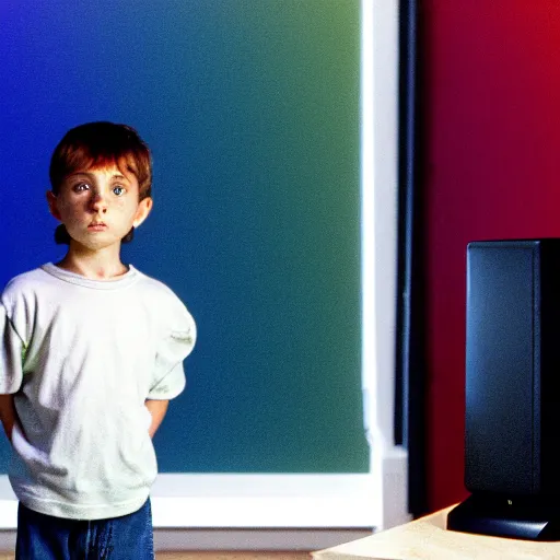 Prompt: defined colours 4k professional photograph of a standing figure of a five years old boy in front of a PC computer from 90s in the bedroom. from the 1994 Movie by Terrence Malick and Gaspar Noé and Alan Parker. high resolution, ultra details, high quality