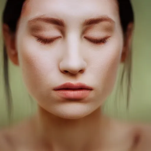 Image similar to photorealistic portrait of a beautiful young woman, very blurry, out of focus, translucent stone white skin, closed eyes, foggy, closeup