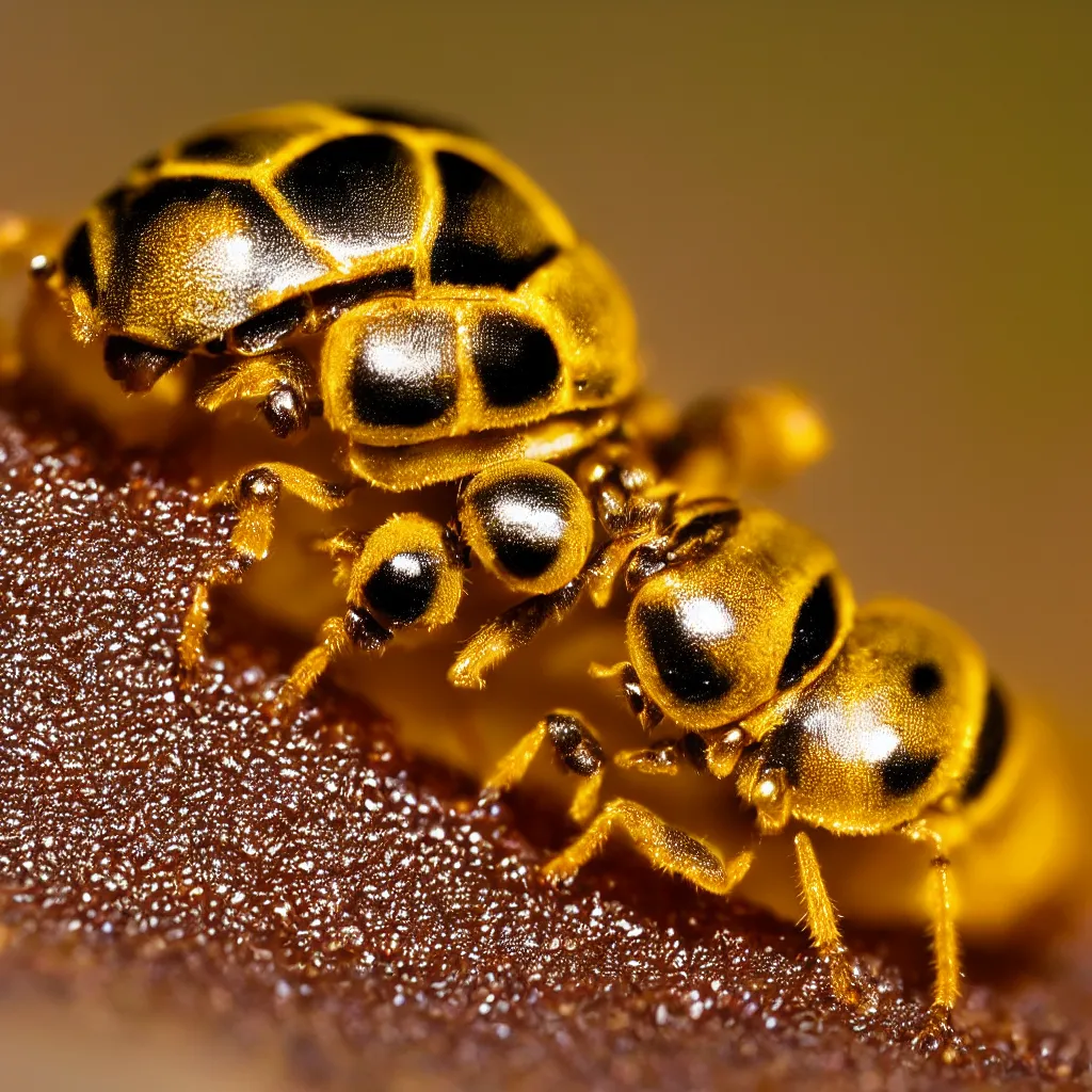 Prompt: a golden ladybug, beautiful, extreme close - up highly - detailed macro photography, focus, centered, rim lighting, dslr in the style of erik christiansen