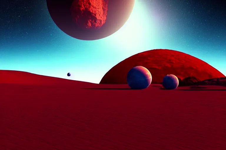 Image similar to a desert world planet with a crashed spaceship. 3 moons in the sky. hyper-realistic photo artistic trending on artstation beautiful scenic octane render reddish hue highly detailed, 8k, epic composition