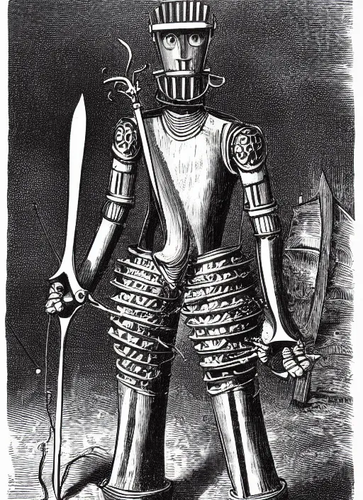 Prompt: 19th century wood-engraving of a slender humanoid robot wearing medieval armour and holding a rapier, whole page illustration from Jules Verne book titled Stardust Crusaders, art by Édouard Riou Jules Férat and Henri de Montaut, frontal portrait, high quality, beautiful, highly detailed, removed watermarks