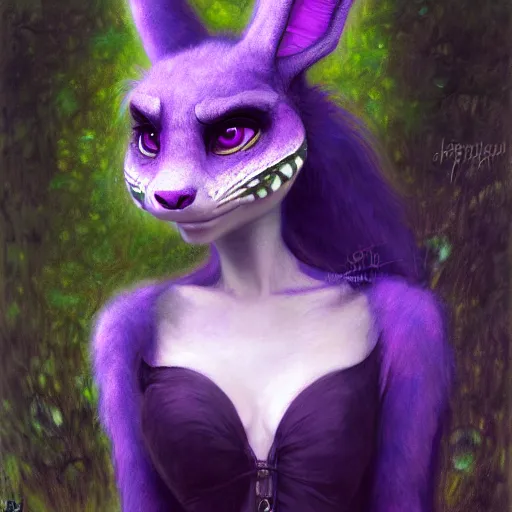 Image similar to a portrait of a female purple reptile in goth clothes at night in a dark forest. zootopia fursona furaffinity furry art detailed face painting by gaston bussiere craig mullins jc leyendecker gustav klimt artgerm greg rutkowski furry