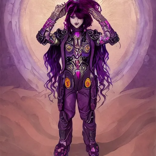 Prompt: vampire with purple hair in sci - fi power armor, highly detailed, very intricate, art nouveau, gold filigree, romantic storybook fantasy, soft cinematic lighting, award - winning, disney concept art watercolor illustration by mandy jurgens and alphonse mucha and alena aenami, pastel color palette, featured on artstation