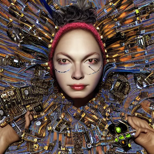 Image similar to give me a higher love, piles of modular synth cables, puerto rican goddess swimming up wearing a headpiece made of circuit boards, by cameron gray, wlop, stanley kubrick, masamune, hideki anno, jamie hewlett, unique perspective, trending on artstation, 3 d render, vivid