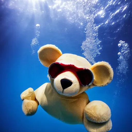 Prompt: Anthropomorphic teddy bears with goggles swimming underwater near the ocean floor, 4k, award winning photo, highly detailed