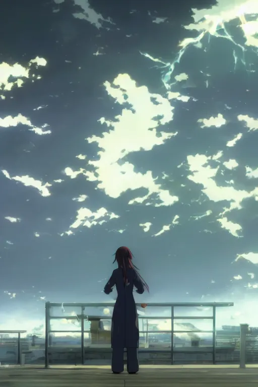 Image similar to Kurisu Makise in flowing lab coat by Akihiko Yoshida and Makoto Shinkai, with backdrop of god rays