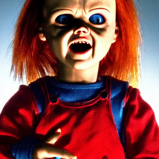 Image similar to Chucky the killer doll from the movie Child's Play looking sinister movie still 8k hdr highly detailed