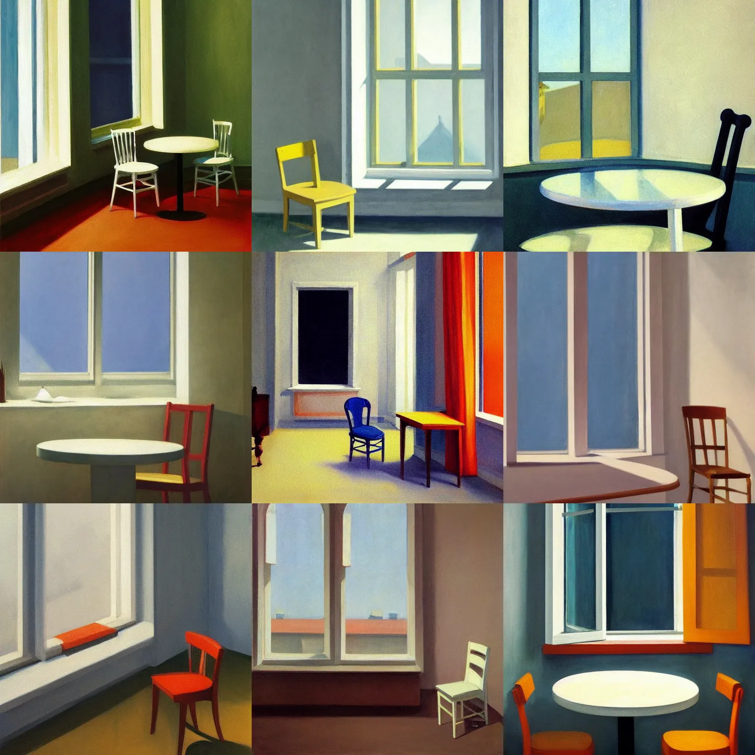 Prompt: interior white wall, open window ib background, two plastic chair behind a table, soft light from the window, cloud outside the window, muted painting by edward hopper