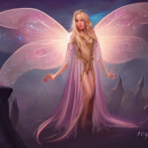 Image similar to a fairy queen with wings wearing a magic silk and lace robe with a hood, crown, pixie, iris, realism, emerald, galaxy, sapphire,blonde hair going down to the floor, moonlit, dark fantasy, dramatic lighting, cgsociety, artstation