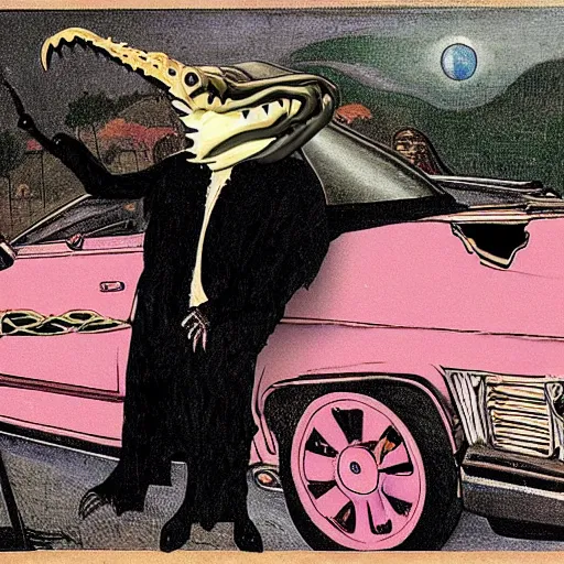 Image similar to crocodile driving a pink cadillac took the wrong exit of the 4 0 5, glenn danzig is hitchhiking on the side of the road, in the style of hieronymus bosch