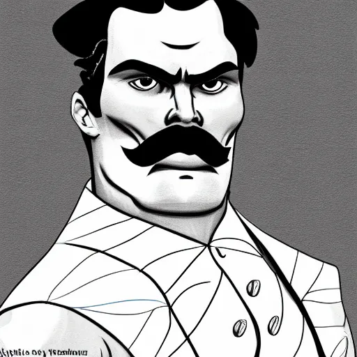 Image similar to the ultimate gigachad, incredibly muscular Friedrich Nietzsche, Friedrich Nietzsche with chiseled jawline, Character Illustration, Comic Art, trending on artstation