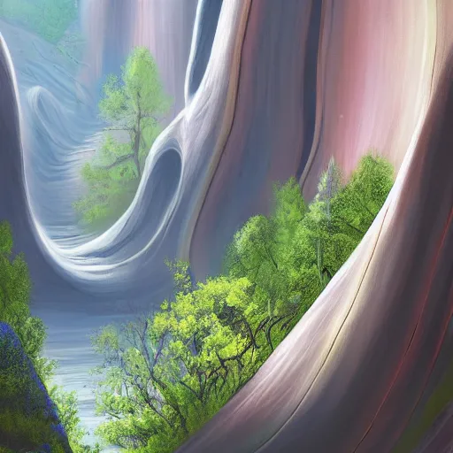 Prompt: A landscape of a futuristic canyon