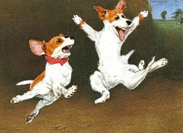 Image similar to portrait of happy jack russel terrier jumping, illustrated by peggy fortnum and beatrix potter and sir john tenniel